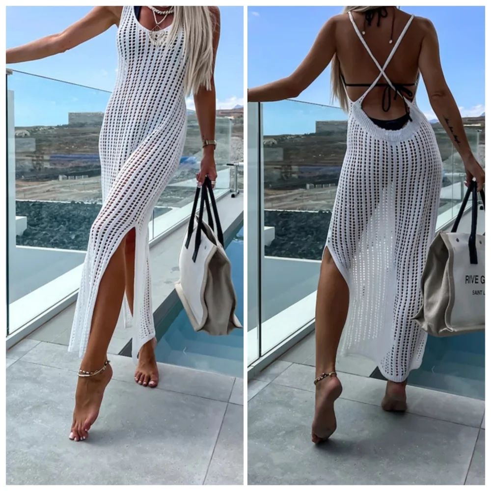 White Openwork Slit Cutout Wide Strap Dress - Picture 10 of 15